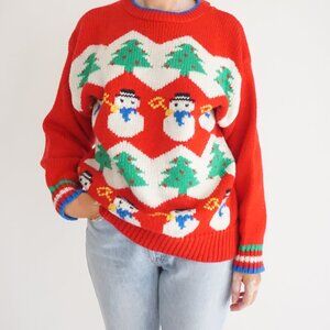Vintage Bravo Red Knit Christmas Snowman Tree Holiday Ugly Sweater Festive M